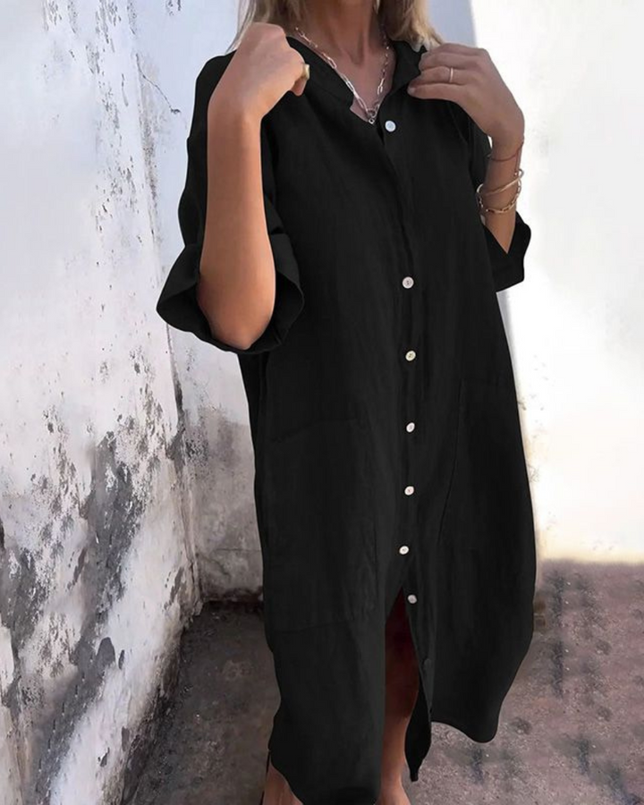 Flowy women's bohemian maxi dress, casual summer style, button-down front, tie waist.
