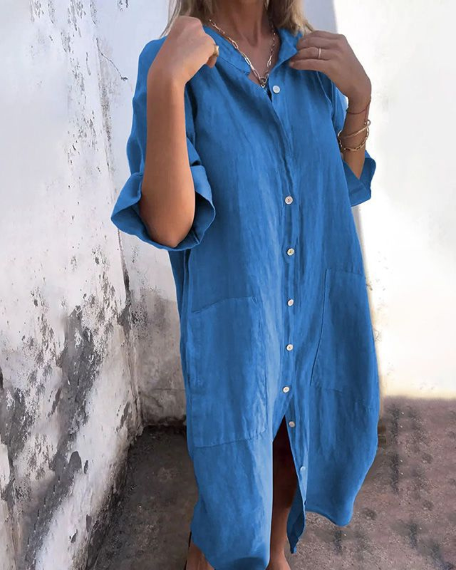 Versatile women's boho shirt dress, button-down closure, adjustable tie waist for summer fashion.