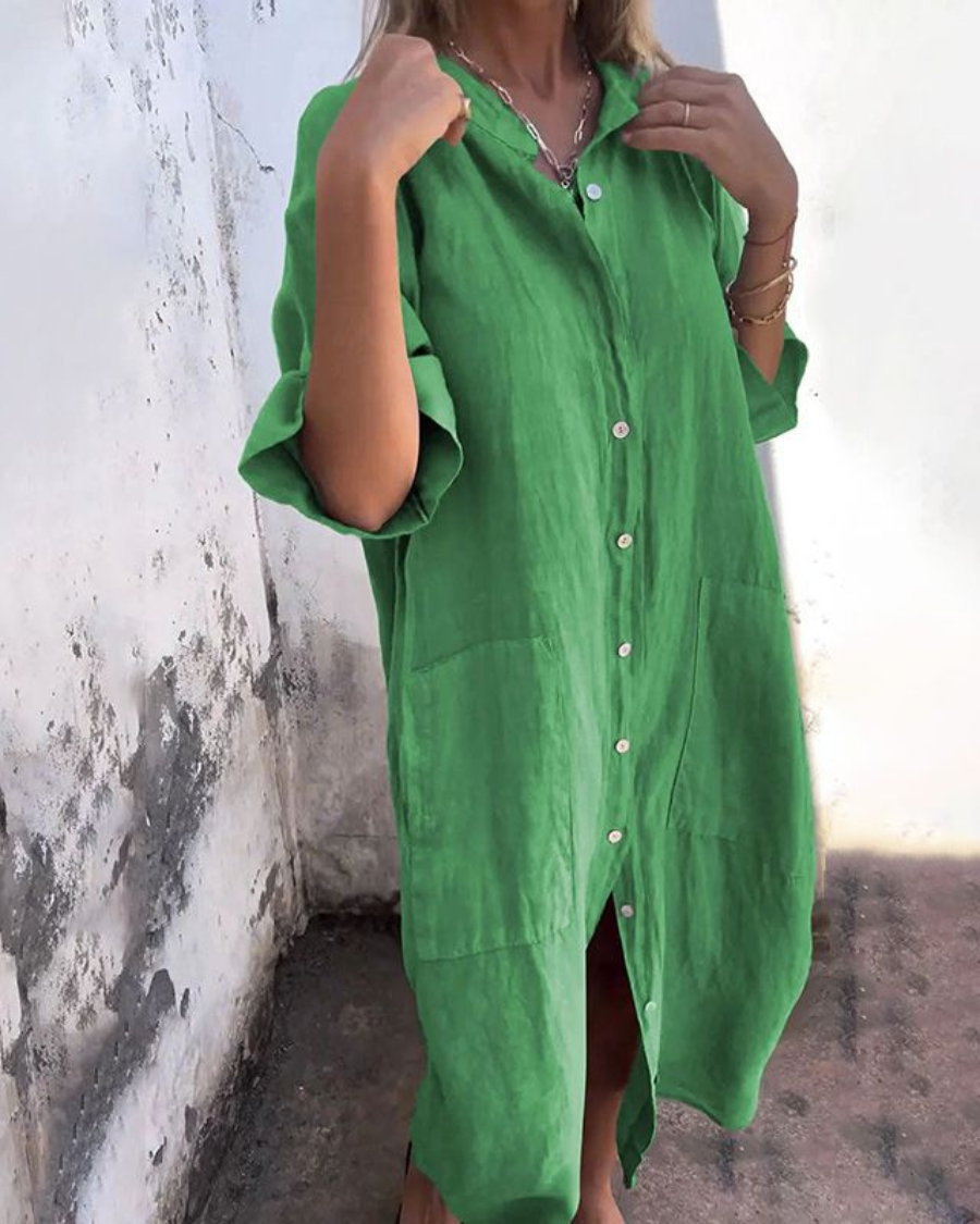 Stylish women's casual button-down maxi dress in bohemian style, featuring a flattering tie waist.