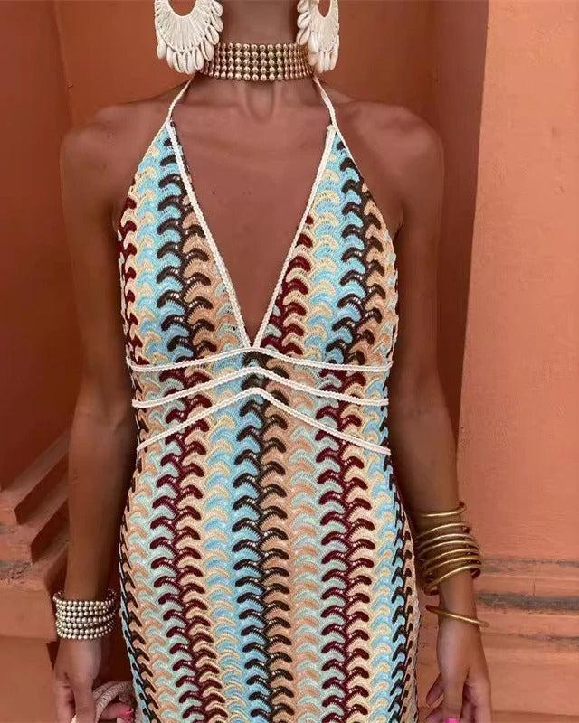 Stylish women's beige multi crochet tunic, ideal as a lightweight beach cover-up or casual summer dress.