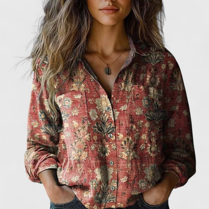 Women's boho print long sleeve button-up blouse with a relaxed fit. Stylish bohemian floral top for everyday wear.
