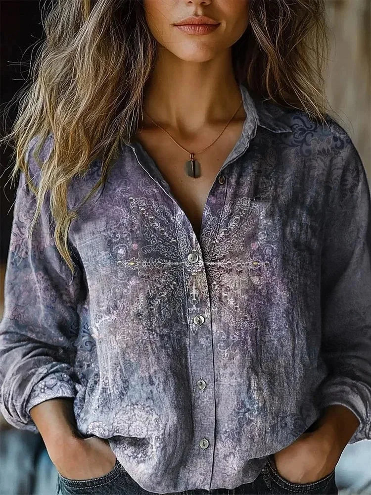 Women's button-up long sleeve blouse with a vibrant boho print. Stylish and versatile bohemian top for ladies.