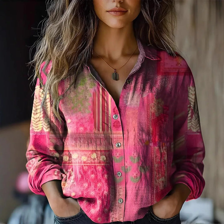 Bohemian floral print long sleeve button-up blouse for women. Casual and stylish ladies' fashion top.