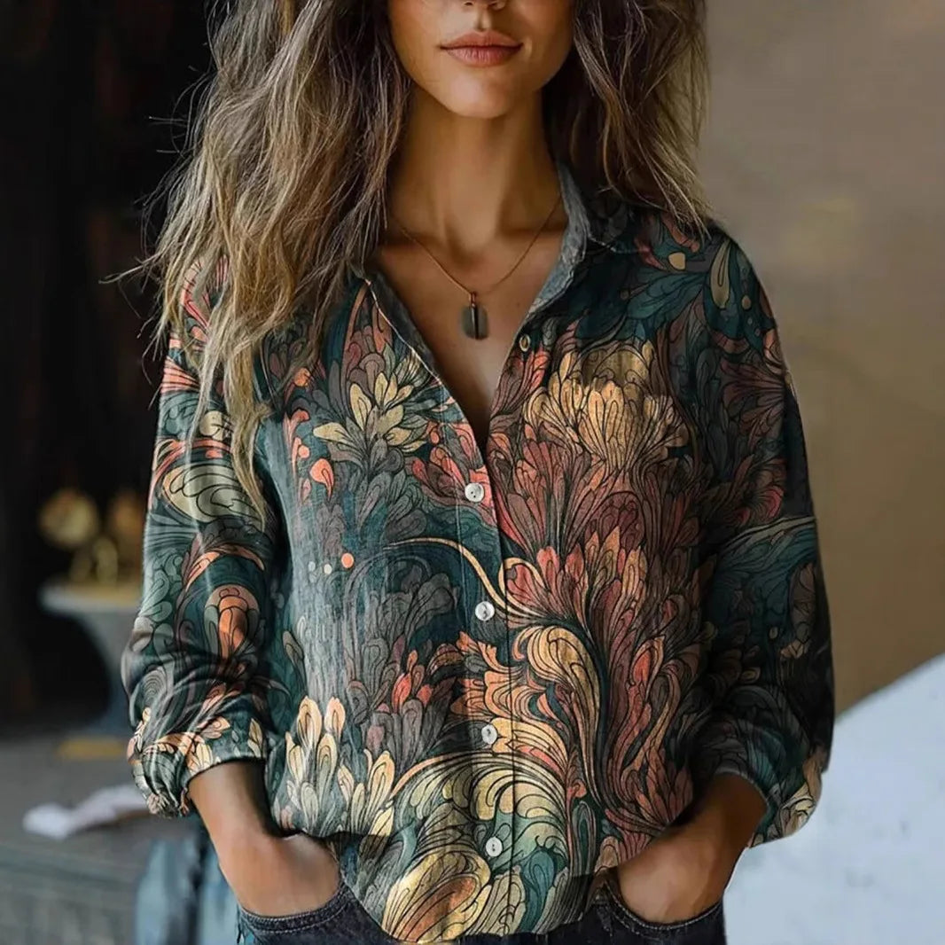 Stylish women's long sleeve button-up blouse with a bohemian print. Versatile casual top for everyday fashion.
