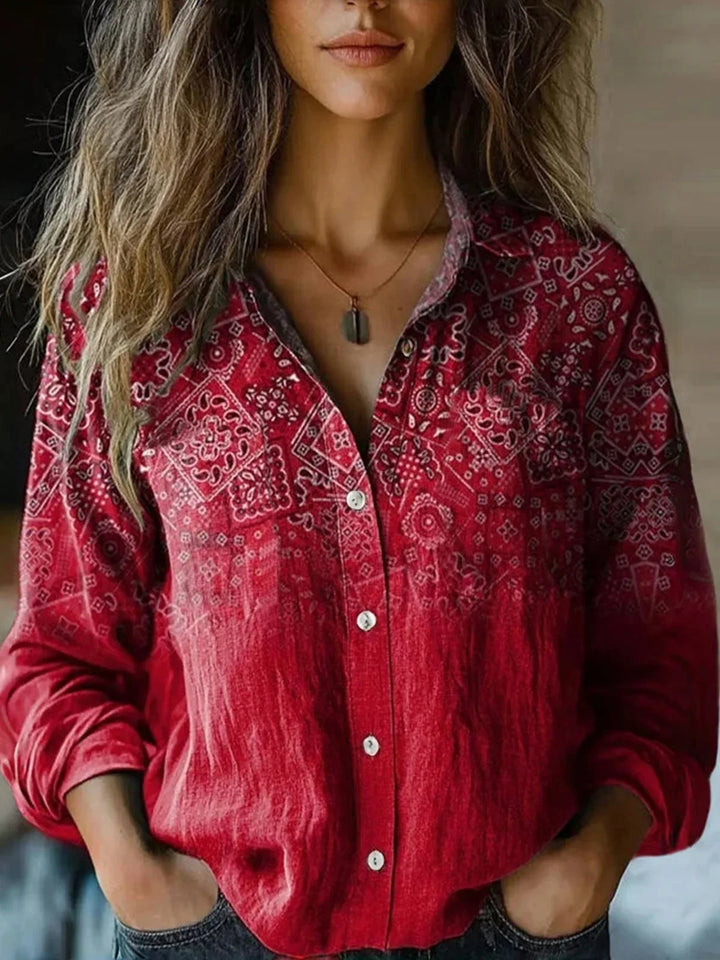 Lightweight women's boho print long sleeve button-up top. Relaxed fit casual blouse with stylish bohemian flair.