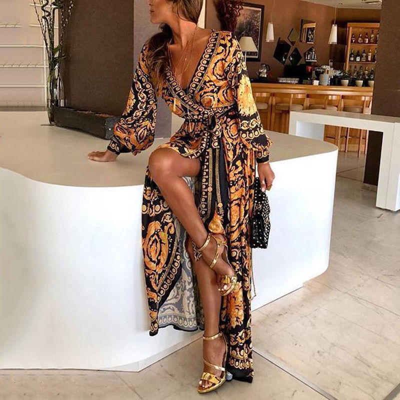 Women's Boho Wrap Summer Dress with elegant slit & long sleeves, perfect for vacation.
