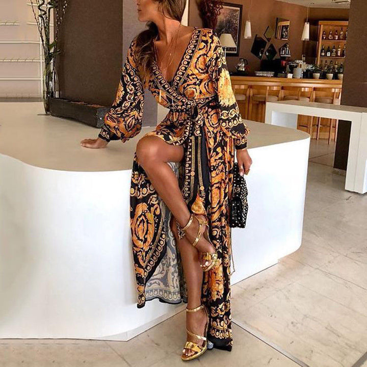 Women's Boho Wrap Summer Dress with elegant slit & long sleeves, perfect for vacation.