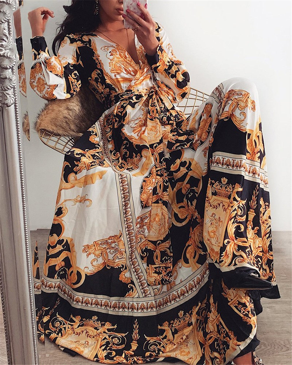 Must-have women's wrap summer dress, a boho long sleeve maxi with a flattering slit.