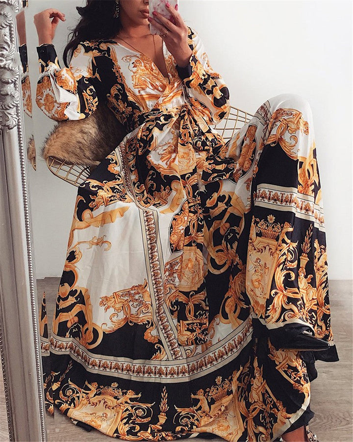 Must-have women's wrap summer dress, a boho long sleeve maxi with a flattering slit.