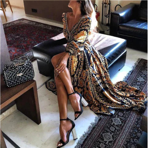 Elegant long sleeve wrap dress, a versatile boho maxi with a flattering slit for women.