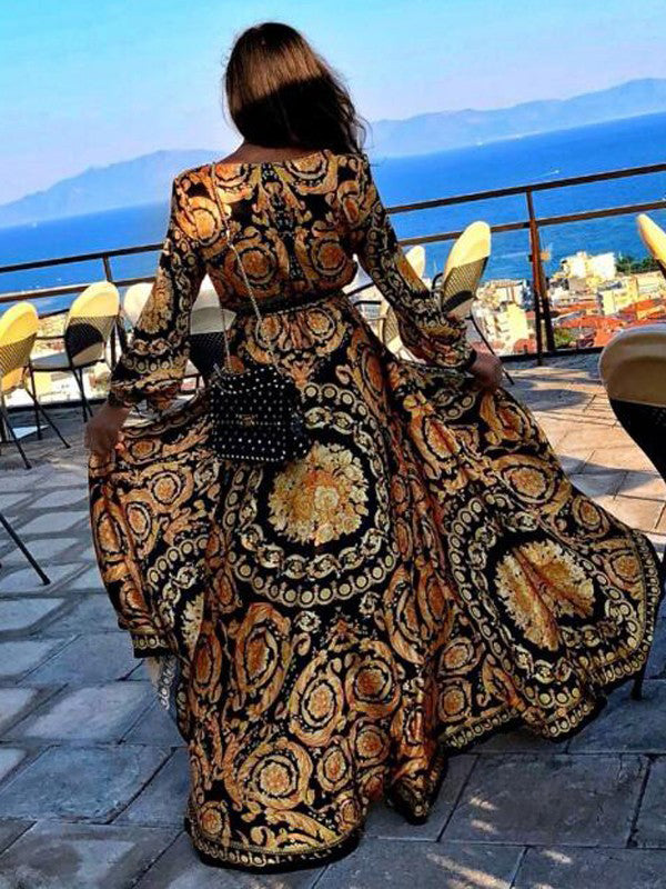 Vacation-ready women's wrap maxi dress, boho style with long sleeves & sophisticated slit.