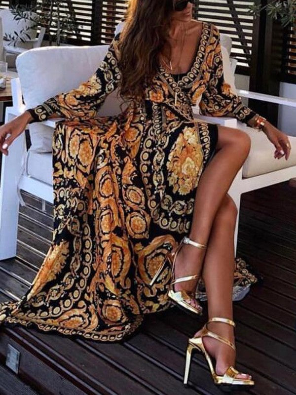 Stylish women's long sleeve boho wrap dress, perfect as a flowy summer maxi with a slit.