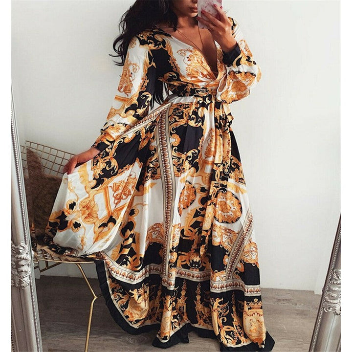 Chic women's casual boho wrap dress, a long sleeve summer maxi with an elegant leg slit.