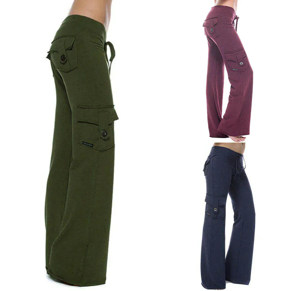 Women's bootcut cargo pants, featuring practical pockets and a comfortable stretch fit.