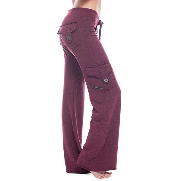 Comfortable stretch women's bootcut cargo pants for activewear, offering freedom of movement.