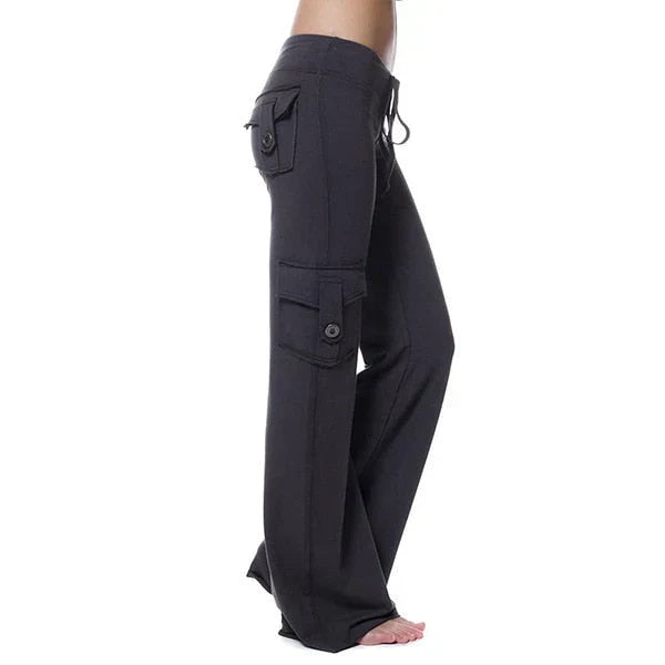 Fashionable women's bootcut cargo pants, blending utilitarian design with a stylish silhouette.