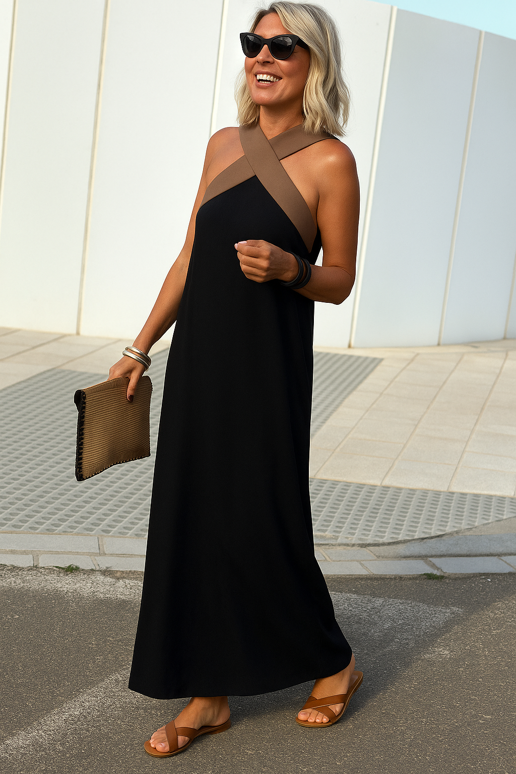 Women's breathable maxi dress with a flattering crossed design, ideal for summer comfort.