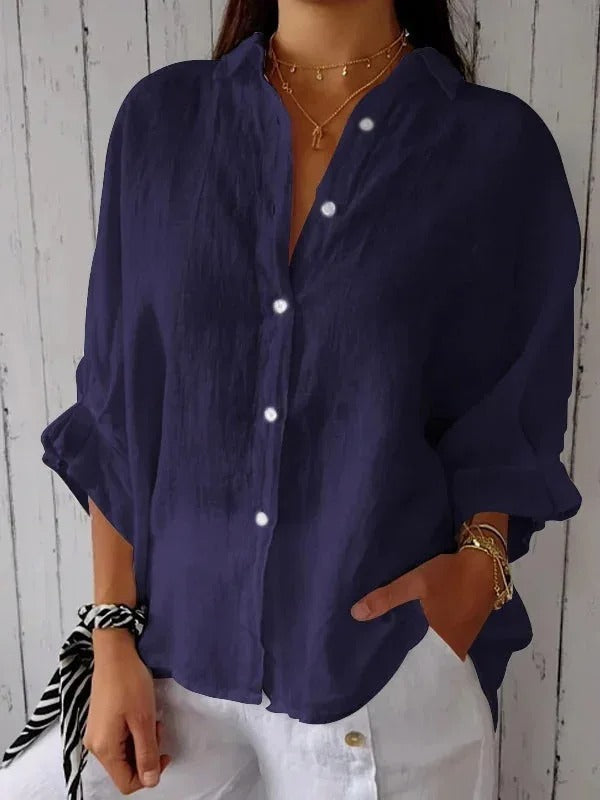 Relaxed fit women's long sleeve linen shirt, a versatile casual top for everyday wear.