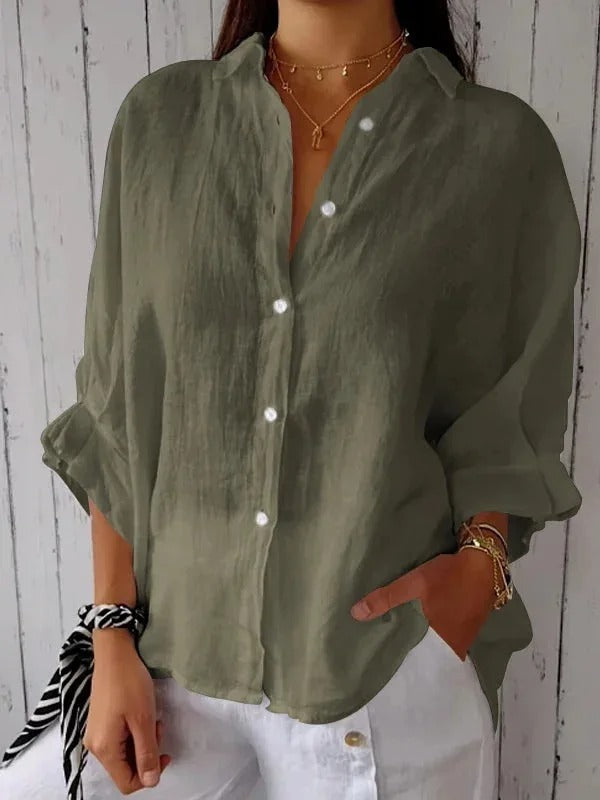 Comfortable women's linen button-up shirt, perfect breathable top for summer fashion.