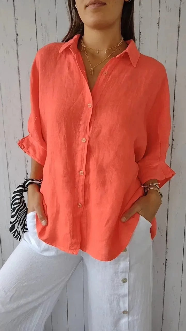 Versatile women's linen long sleeve shirt, perfect as a casual button-up top for any season.