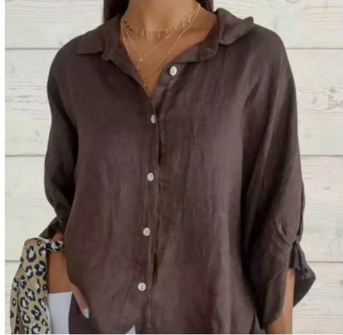 Effortless style with this breathable women's linen button-up shirt, a comfy long sleeve top.