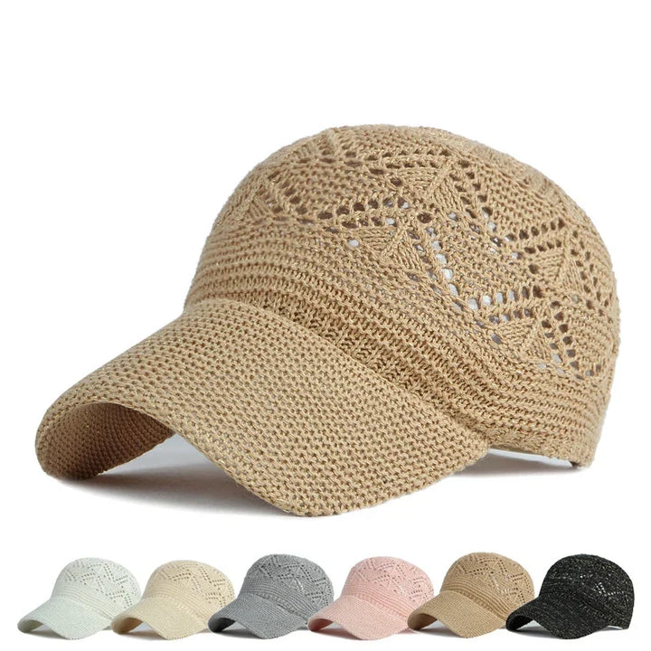 Women's breathable mesh sun hat, adjustable baseball cap for summer outdoor wear.