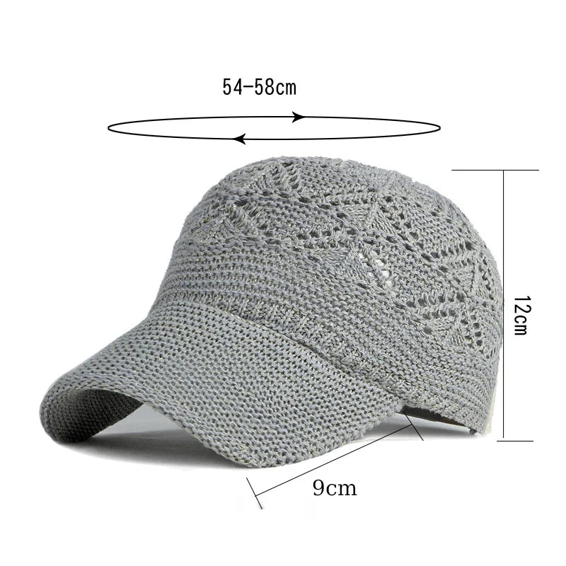 Lightweight hollow knit mesh sun hat for women, adjustable baseball cap, ideal for beach & vacation.
