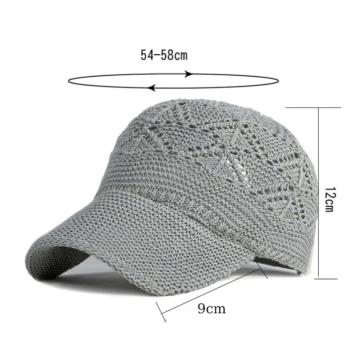 Lightweight hollow knit mesh sun hat for women, adjustable baseball cap, ideal for beach & vacation.