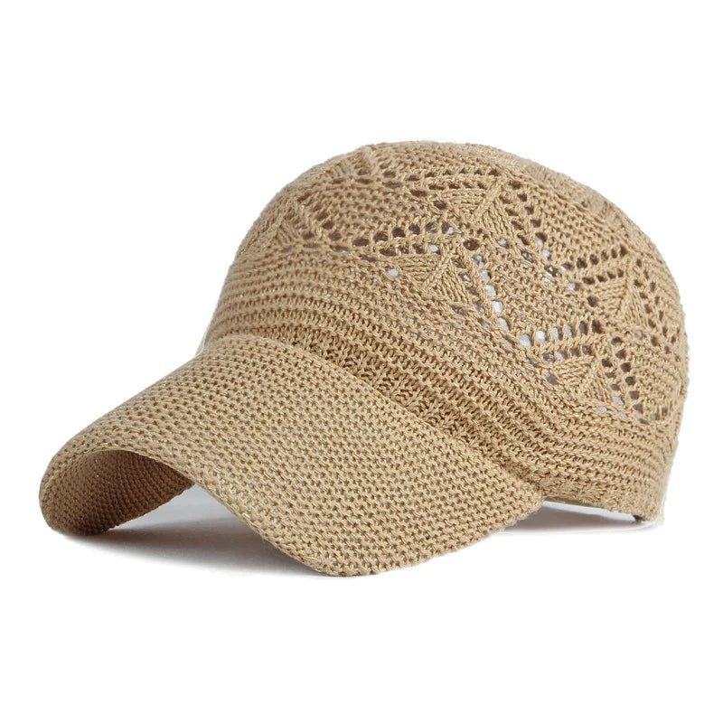 Hollow knit mesh sun hat for women, breathable & adjustable summer baseball cap, vacation ready.