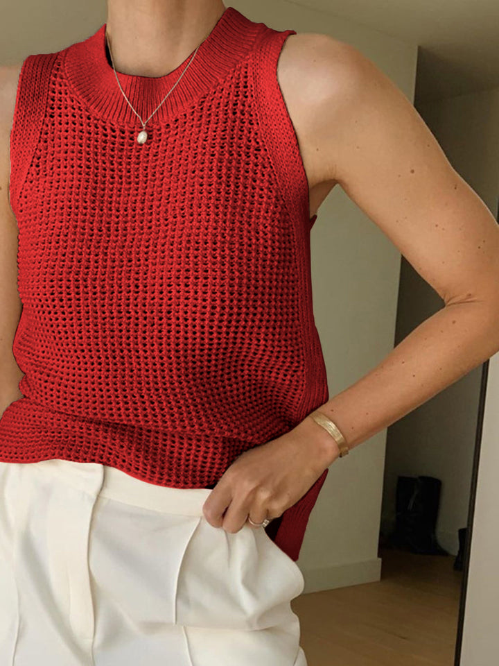 Stylish women's knit tank top with a hollow design. Comfortable & breathable for warm weather, chic summer apparel.