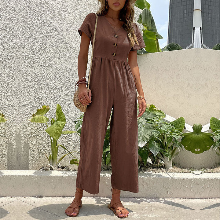 Women's breezy wide leg linen blend jumpsuit. Perfect for comfortable and stylish summer casual wear.