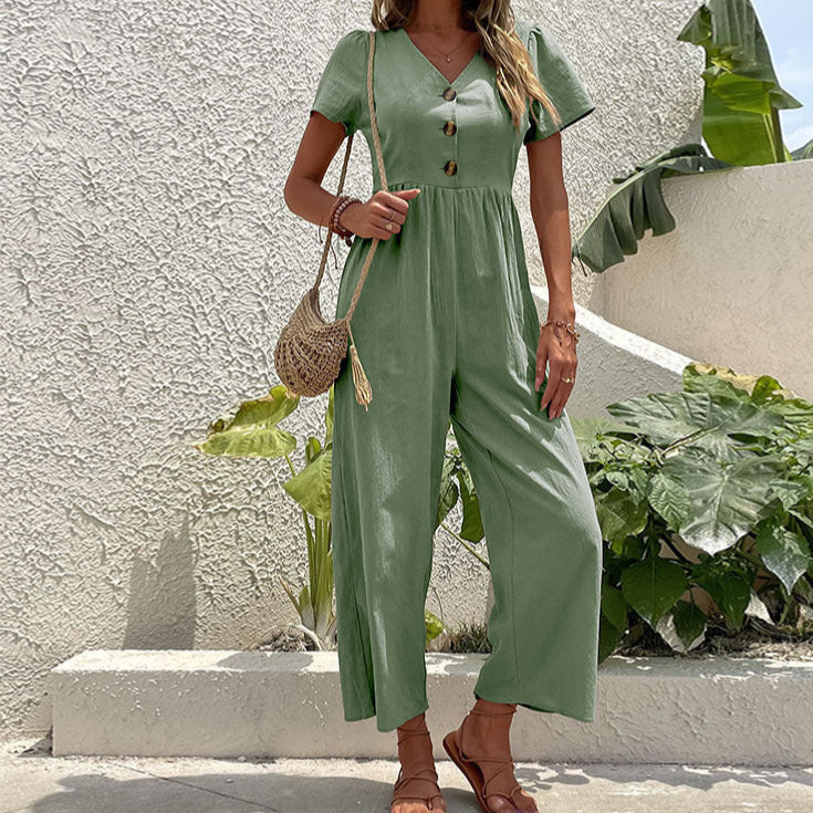 Casual women's linen blend jumpsuit with wide legs and button front, perfect for everyday summer comfort.