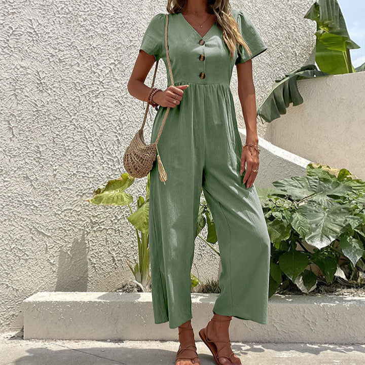 Casual women's linen blend jumpsuit with wide legs and button front, perfect for everyday summer comfort.