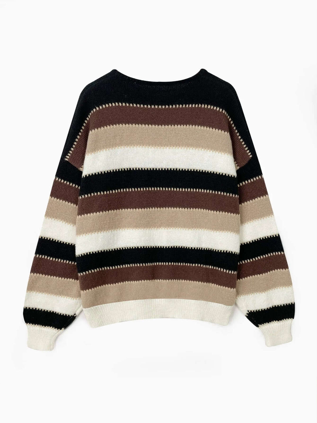 Chic women's brown striped knitted jumper. Soft, cozy knitwear with long sleeves for versatile everyday winter style.