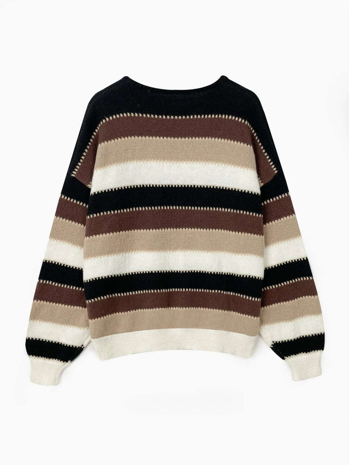 Chic women's brown striped knitted jumper. Soft, cozy knitwear with long sleeves for versatile everyday winter style.