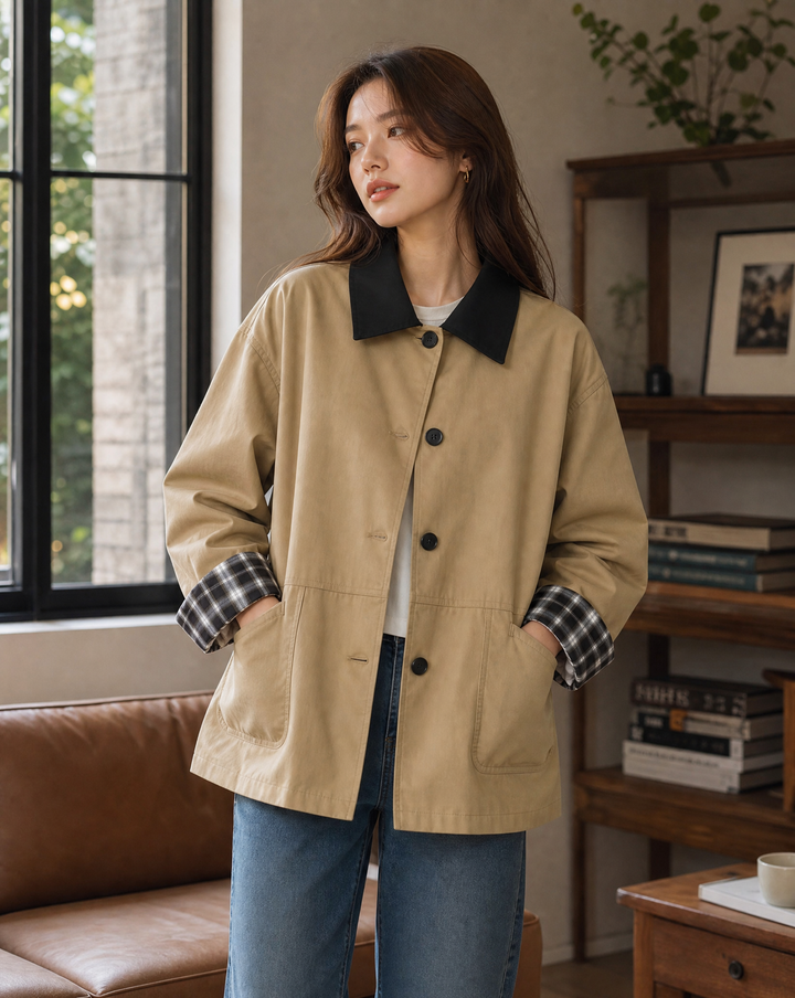 Women's button-up jacket with stylish contrast trim. Perfect casual outerwear for fall fashion.