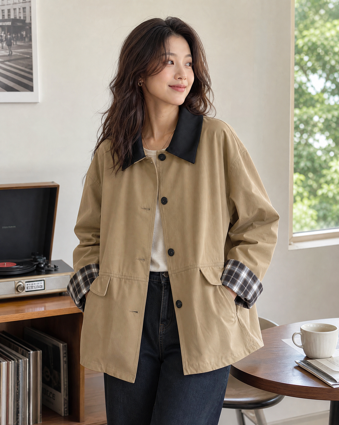 Chic women's spring jacket, button-up design with trendy contrast trim detail. Ideal for layering.