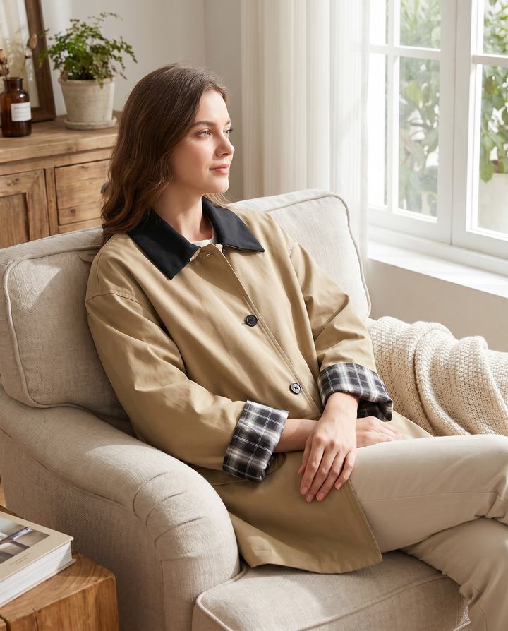 Women's casual plaid-detailed jacket, button-up with contrasting trim. Great for everyday wear.