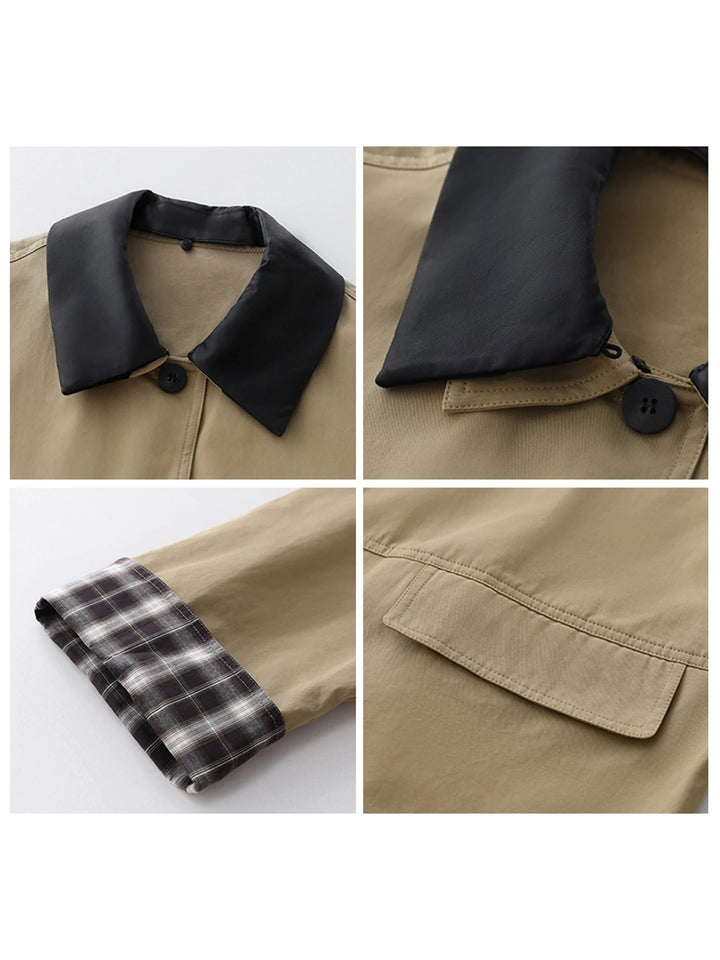 Women's jacket with elegant contrast trim and classic button-up front. Great for fall layering.