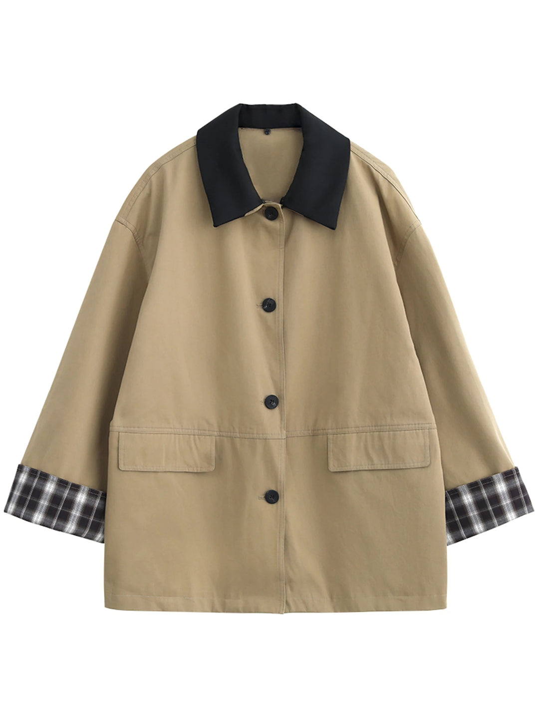 Women's casual button-up jacket, contrast trim and plaid detail, perfect for fall fashion.