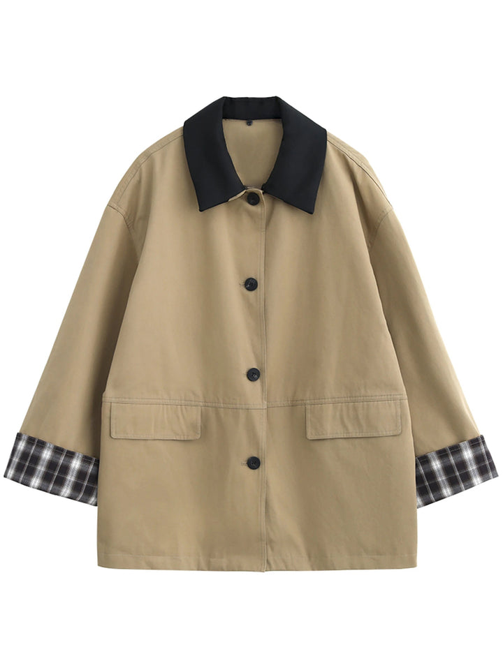 Women's casual button-up jacket, contrast trim and plaid detail, perfect for fall fashion.