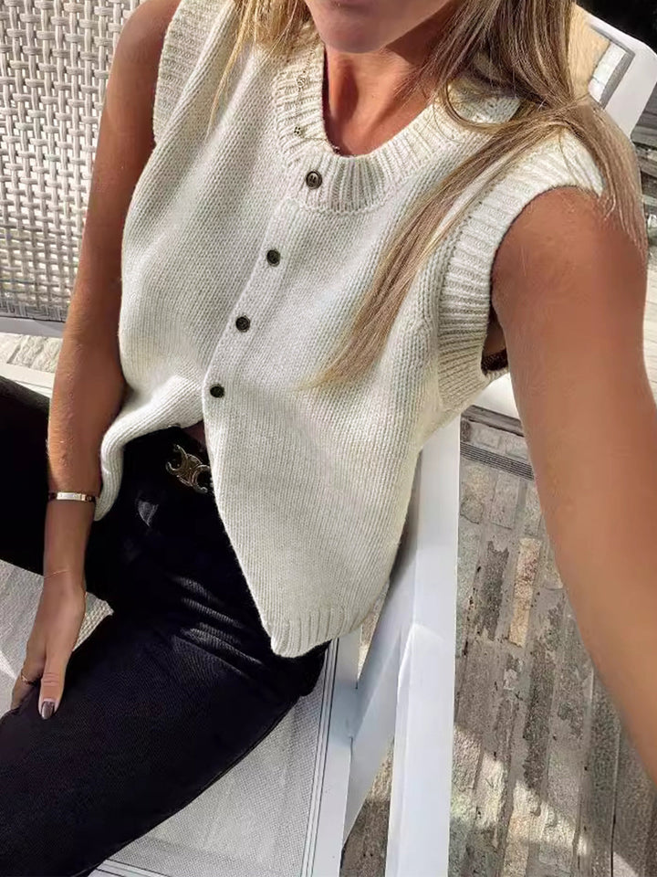 Chic apricot women's button-up sweater vest. Sleeveless v-neck layering top for transitional seasons.