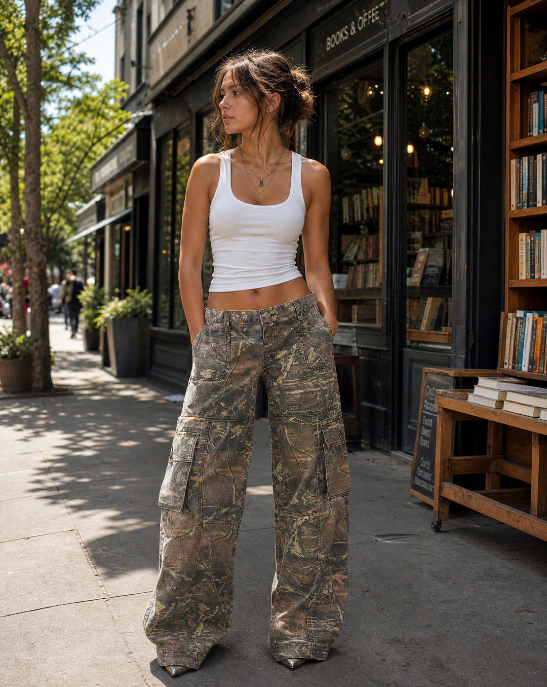 Loose fit wide leg women's camo cargo trousers, ideal for casual and comfortable fashion.