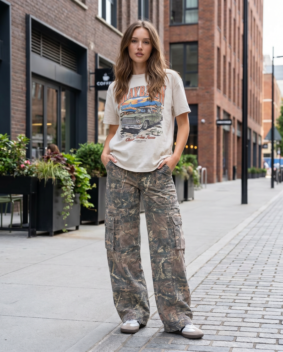 Casual women's camo cargo pants with utility pockets, great for everyday wear and streetwear style.