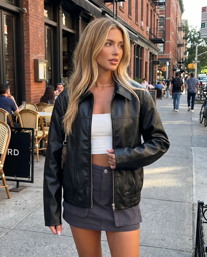 Women's casual black jacket, perfect for stylish everyday wear and modern layered looks.