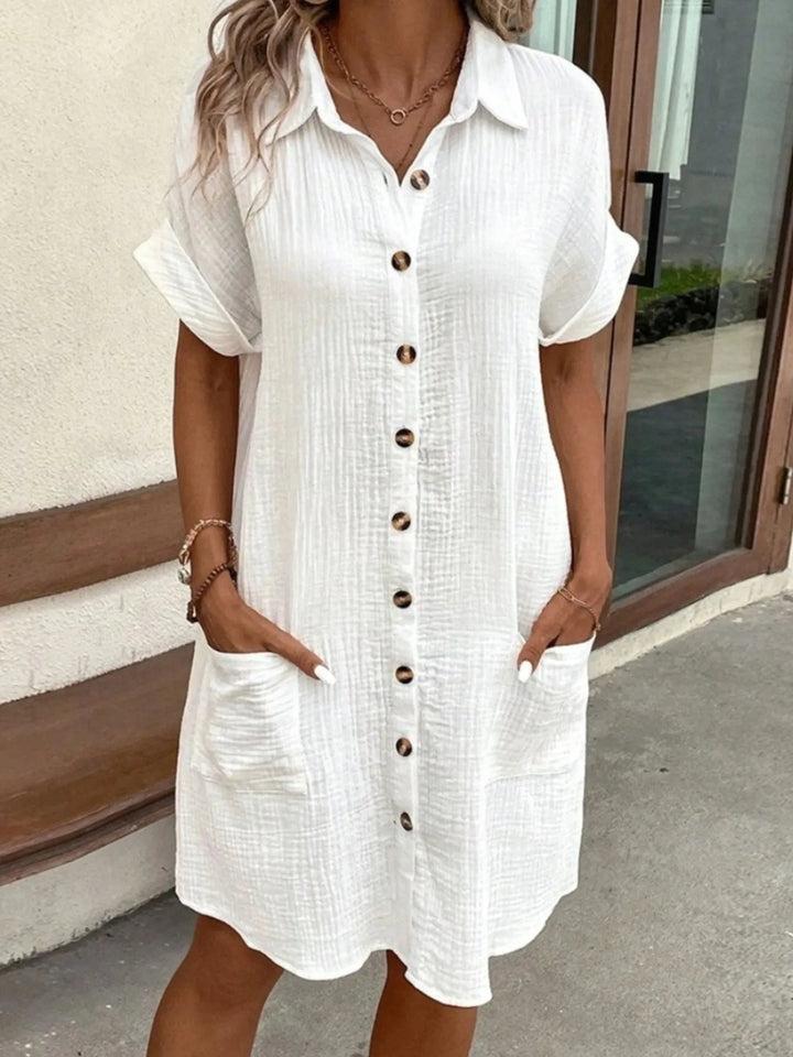 Women's casual button-down mini shirt dress with pockets, ideal for summer fashion & daily wear.