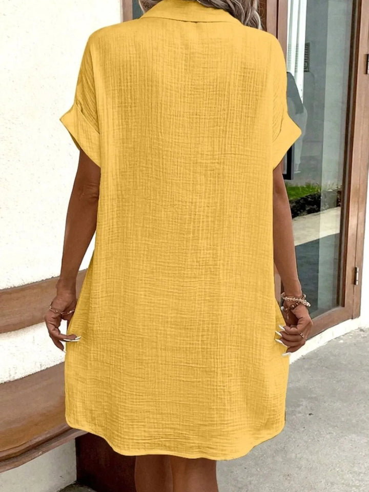 Women's comfort casual mini dress, button-down front, short sleeves & deep pockets for versatile wear.