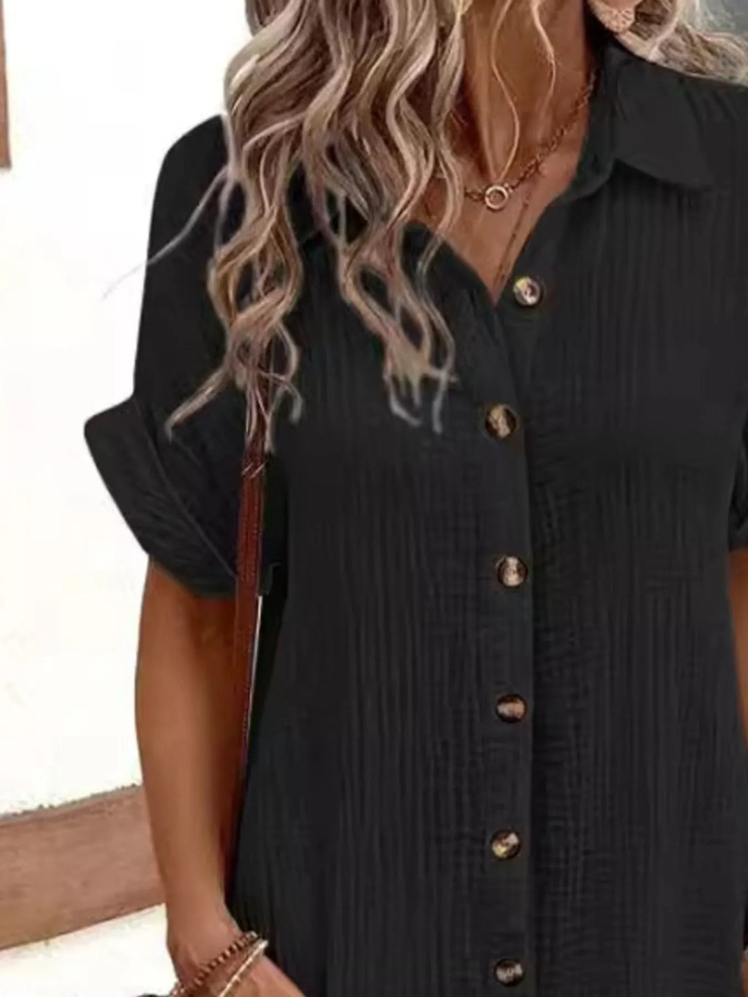 White casual women's mini shirt dress, button-down, short sleeves & handy pockets for daily wear.