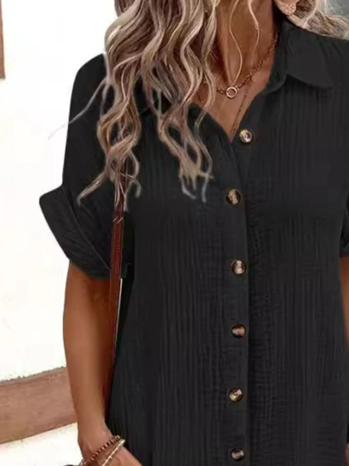 White casual women's mini shirt dress, button-down, short sleeves & handy pockets for daily wear.