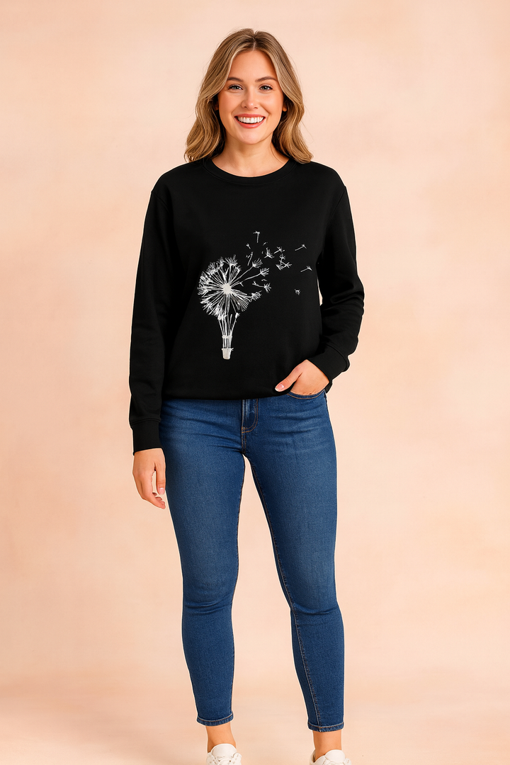 Women's casual dandelion print crew neck sweater. Long sleeve, relaxed fit top for effortless everyday style.